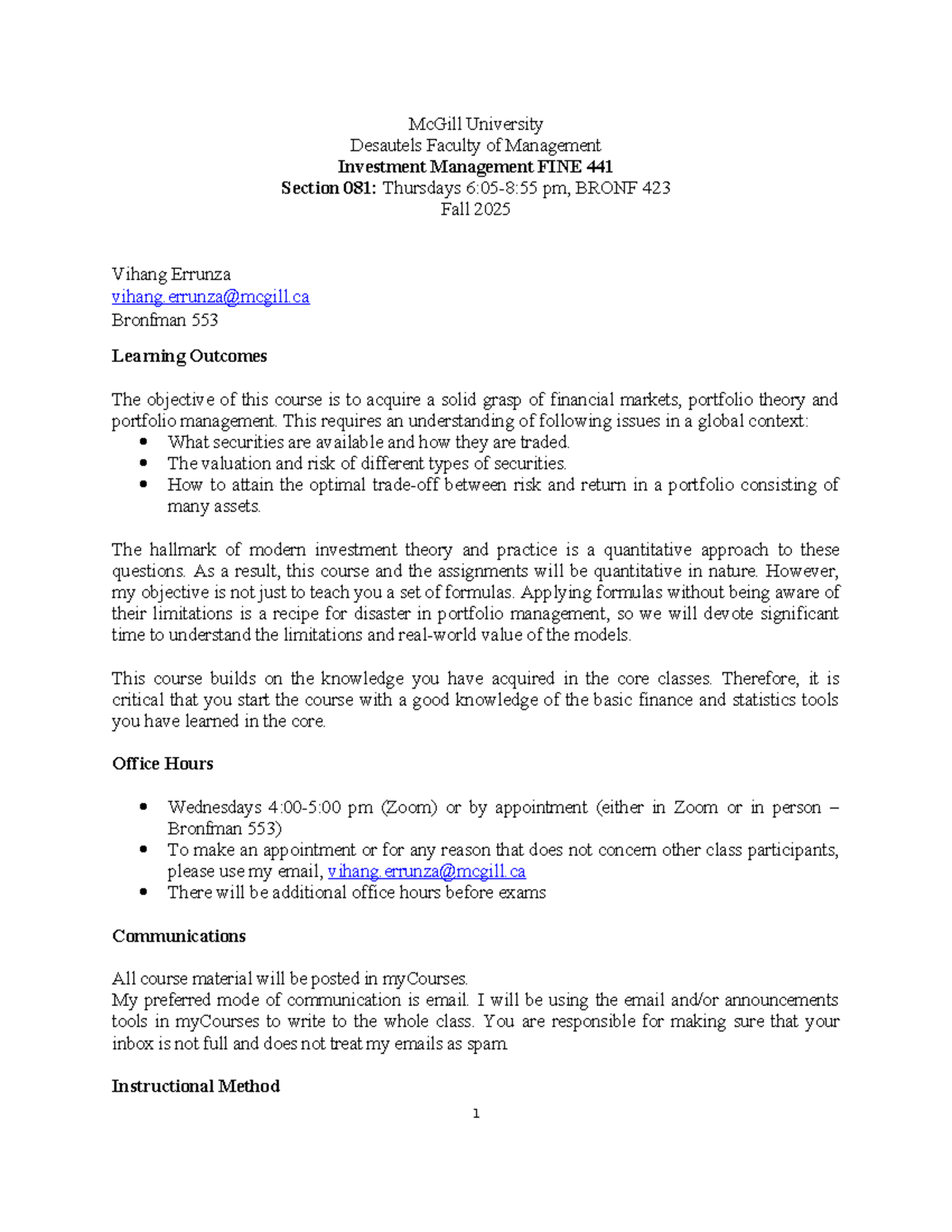 FINE 441 Course Outline: Investment Management - Fall 2025 - Studocu