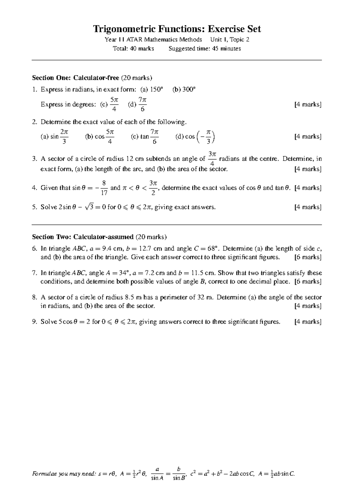 Trigonometry Exercises Year 11 ATAR Mathematics Methods Unit 1 - Studocu