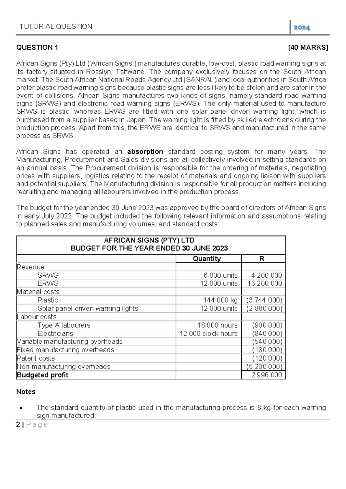 Tutorial Question 2024: Standard Costing Variance Analysis for African ...