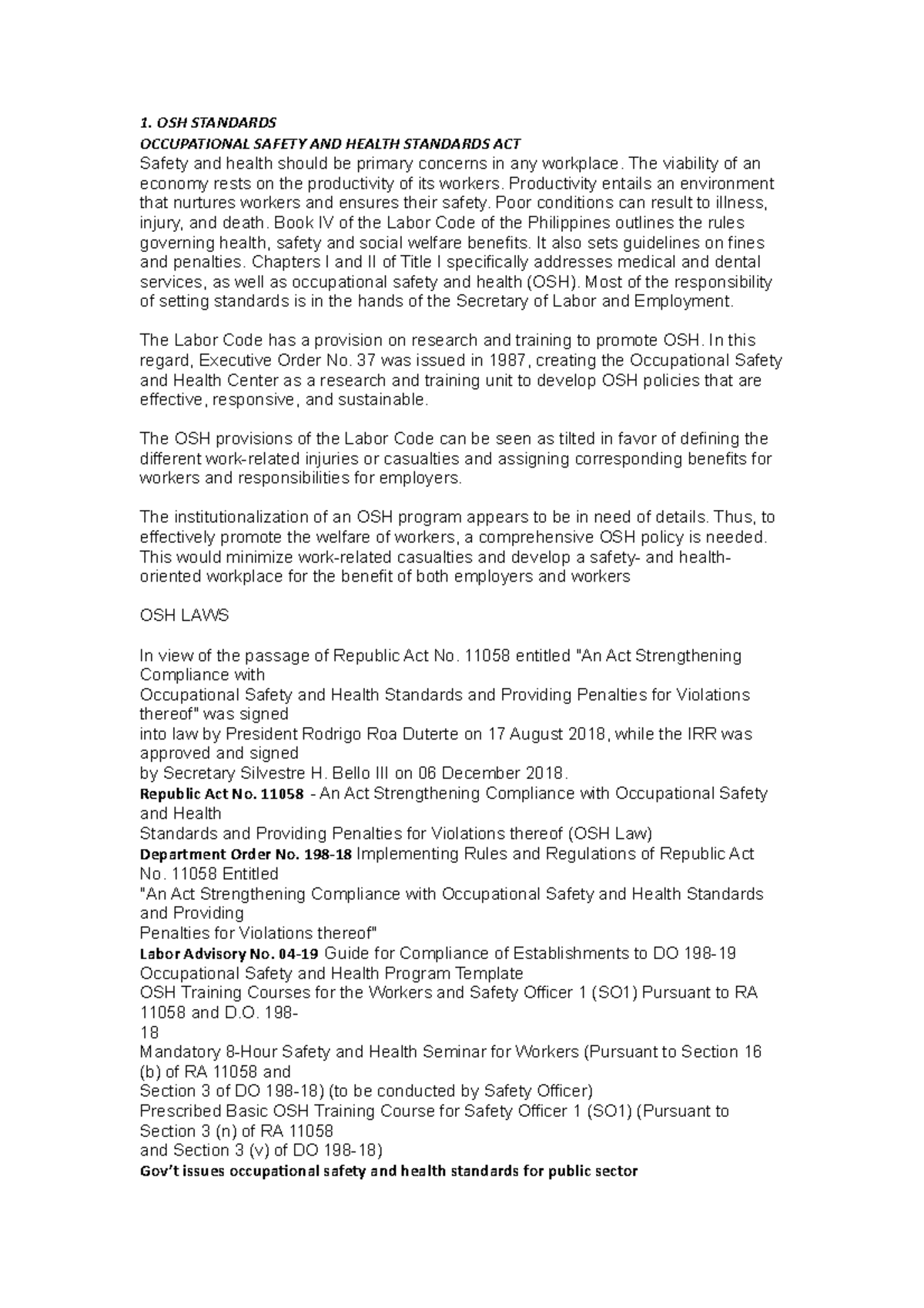 BOSH 3 - lecture notes - 1. OSH STANDARDS OCCUPATIONAL SAFETY AND ...