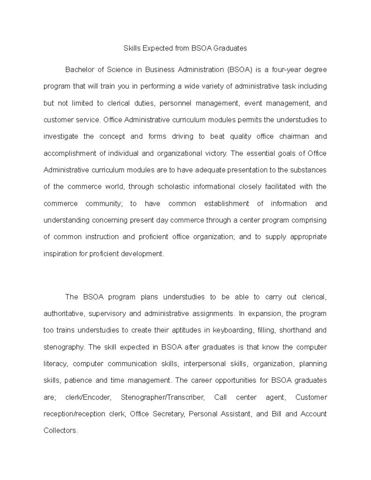 BSOA Graduate Expected Skills: Preparing for Career Success - Studocu