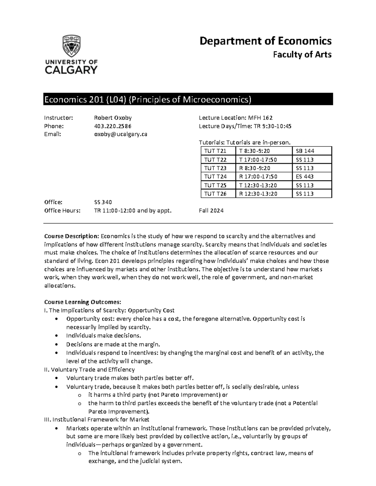 Econ 201 Course Outline: Principles of Microeconomics 2024 - Studocu