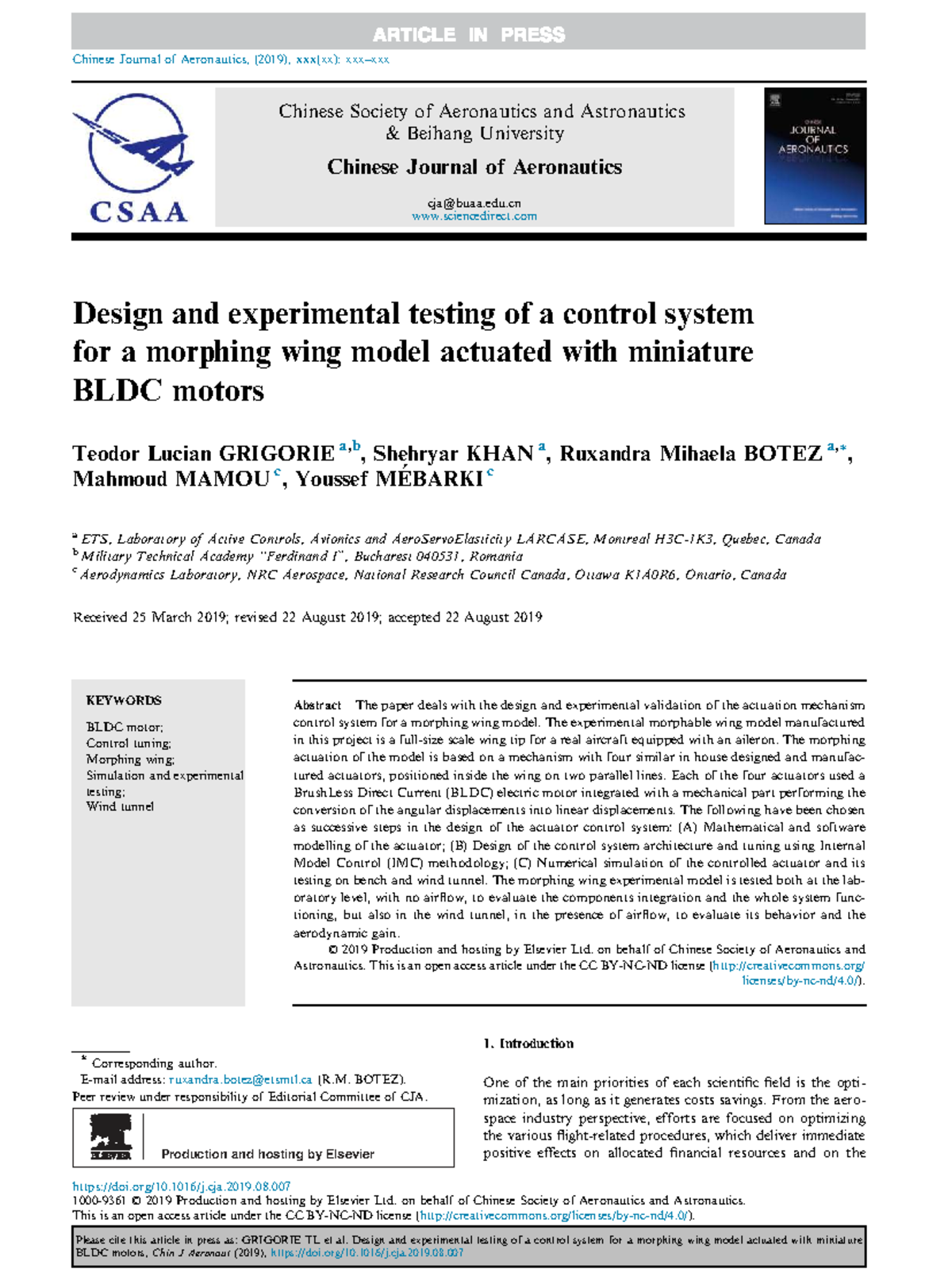 Design and Experimental Testing of a Control System for Morphing Wing ...