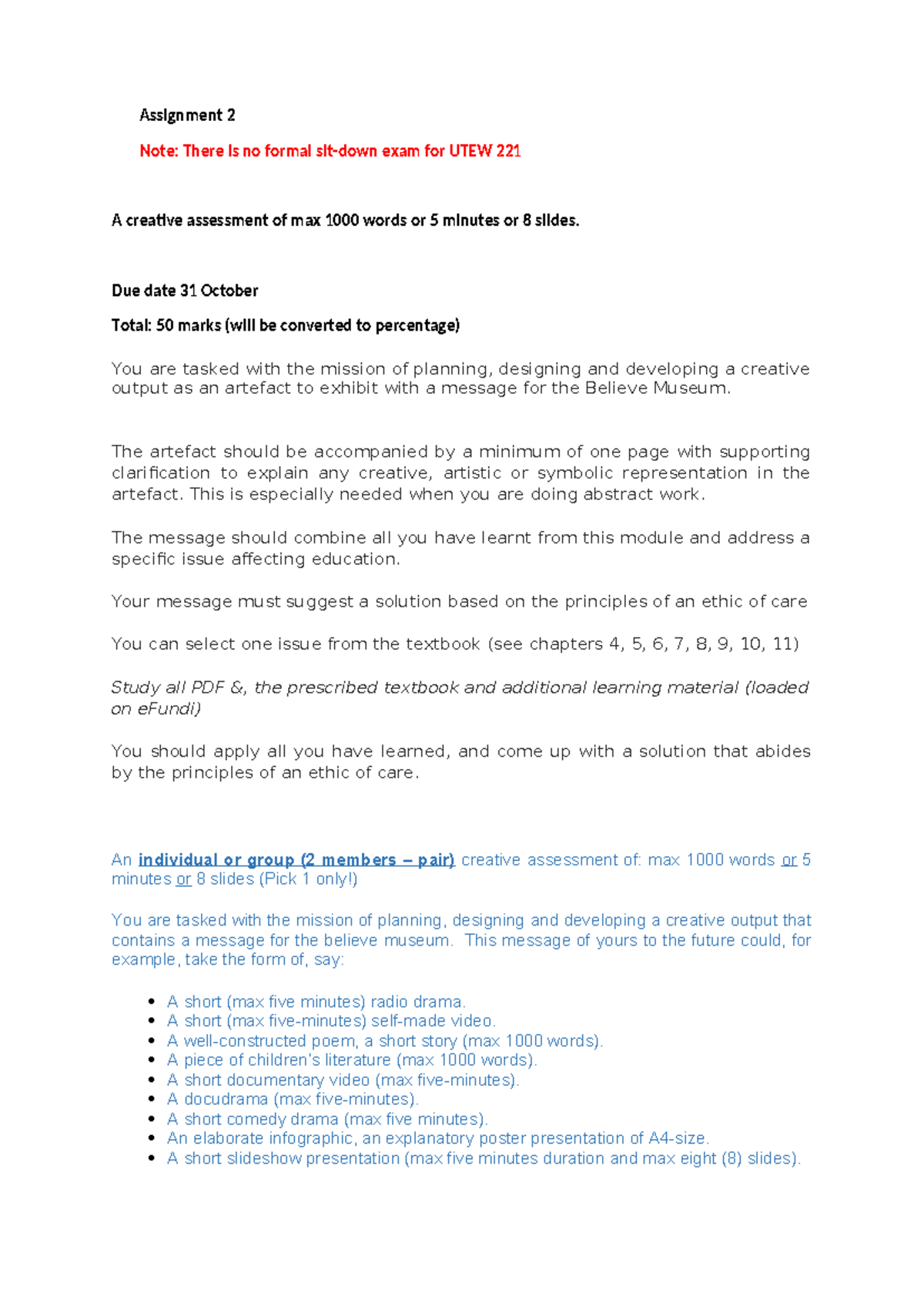 UTEW 221 - Creative Assessment Assignment 2 Guidelines - Studocu