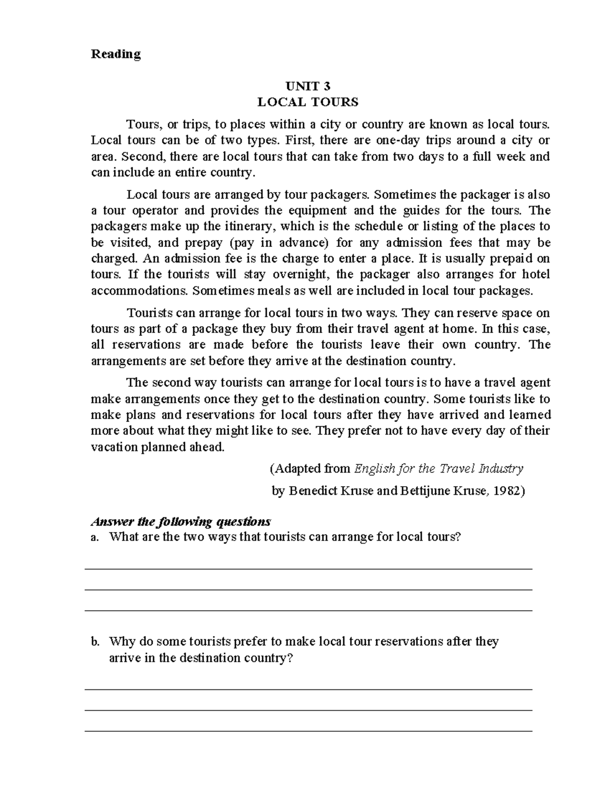 Unit 3 Local Tours: Understanding Tour Arrangements and Preferences ...