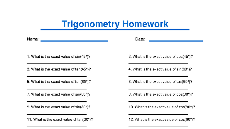 Trigonometry Homework 4: Exact Value Problems - Studocu