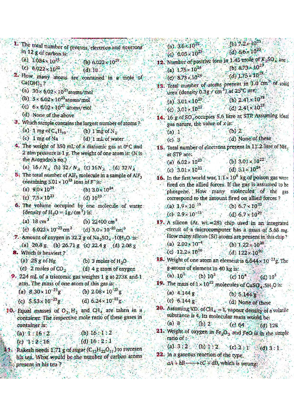 NEET Chemistry Mole Concept Practice Questions - Studocu