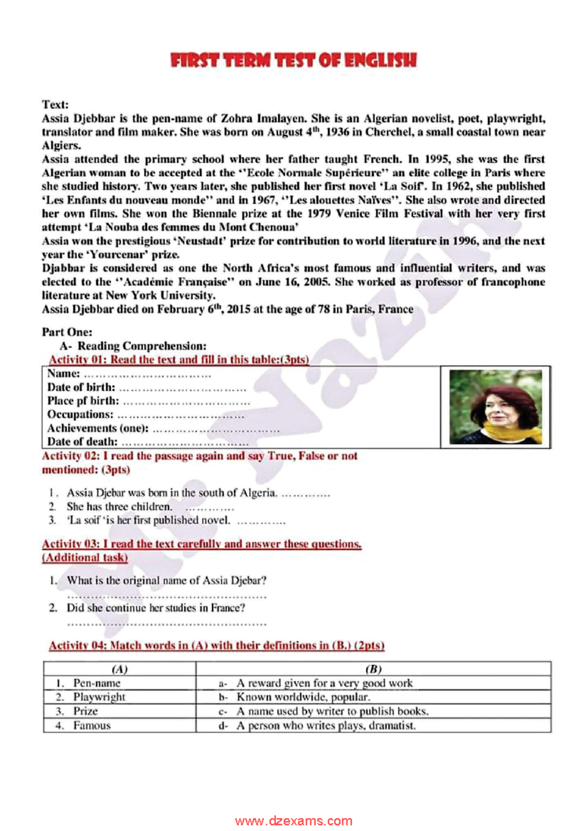 FIRST TERM TEST OF ENGLISH (ENG 929490) - Assia Djebar & Mohammed Dib ...