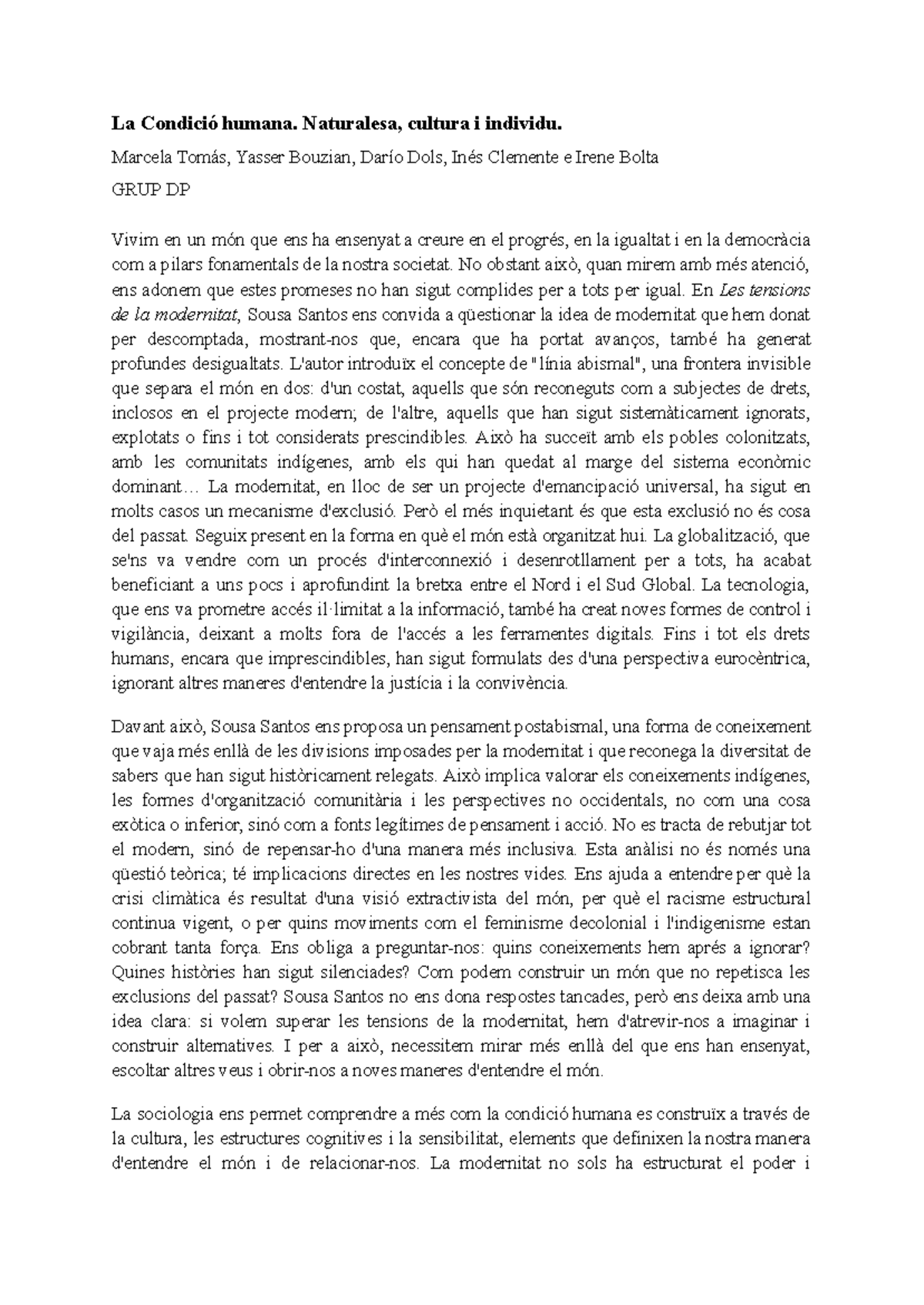 Ensayo 1 Sociologia: La Condició Humana i les Tensions de la Modernitat ...
