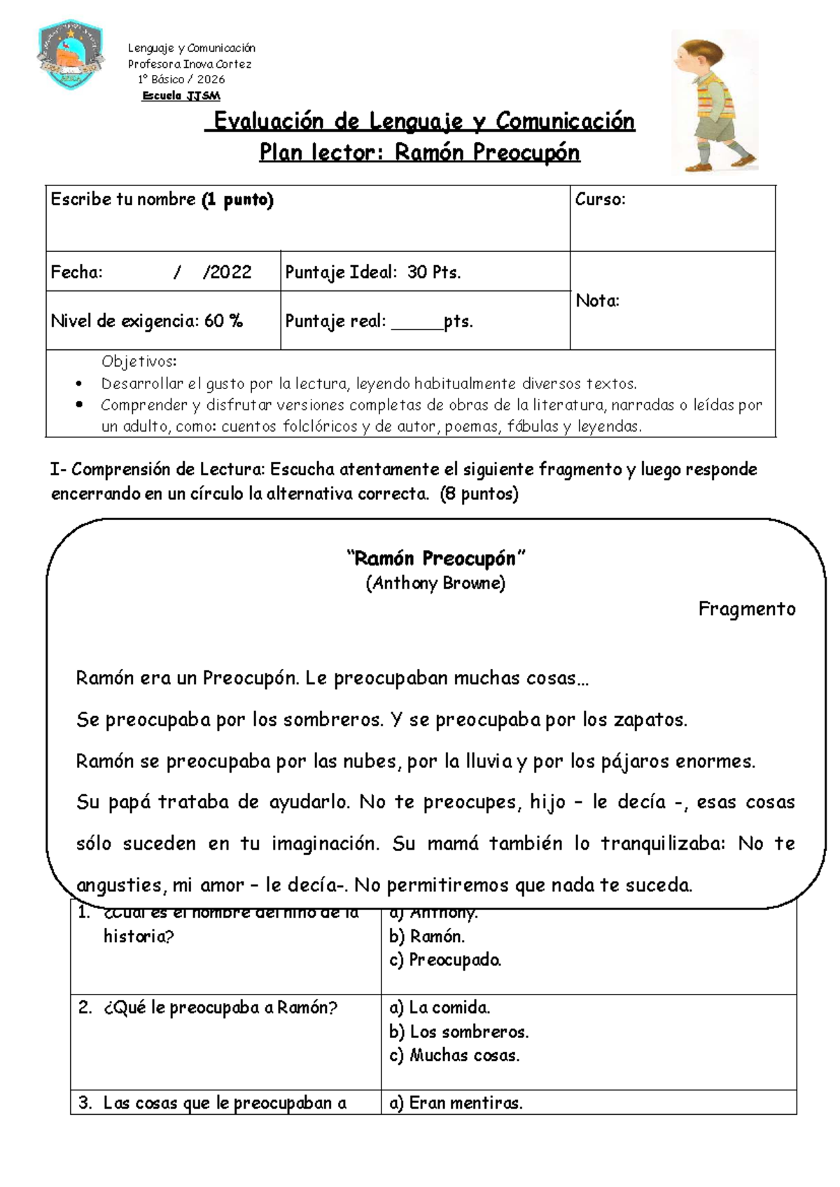 Evaluación de Lenguaje y Comunicación 1°A 2026 - Ramón Preocupón - Studocu