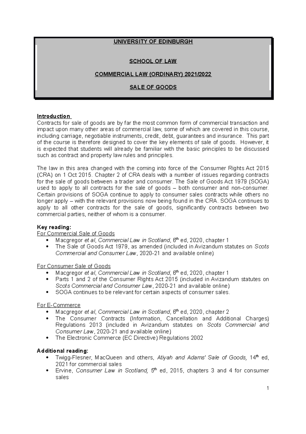 SOGA Final Exam Notes: Key Concepts in Sale of Goods Law - Studocu