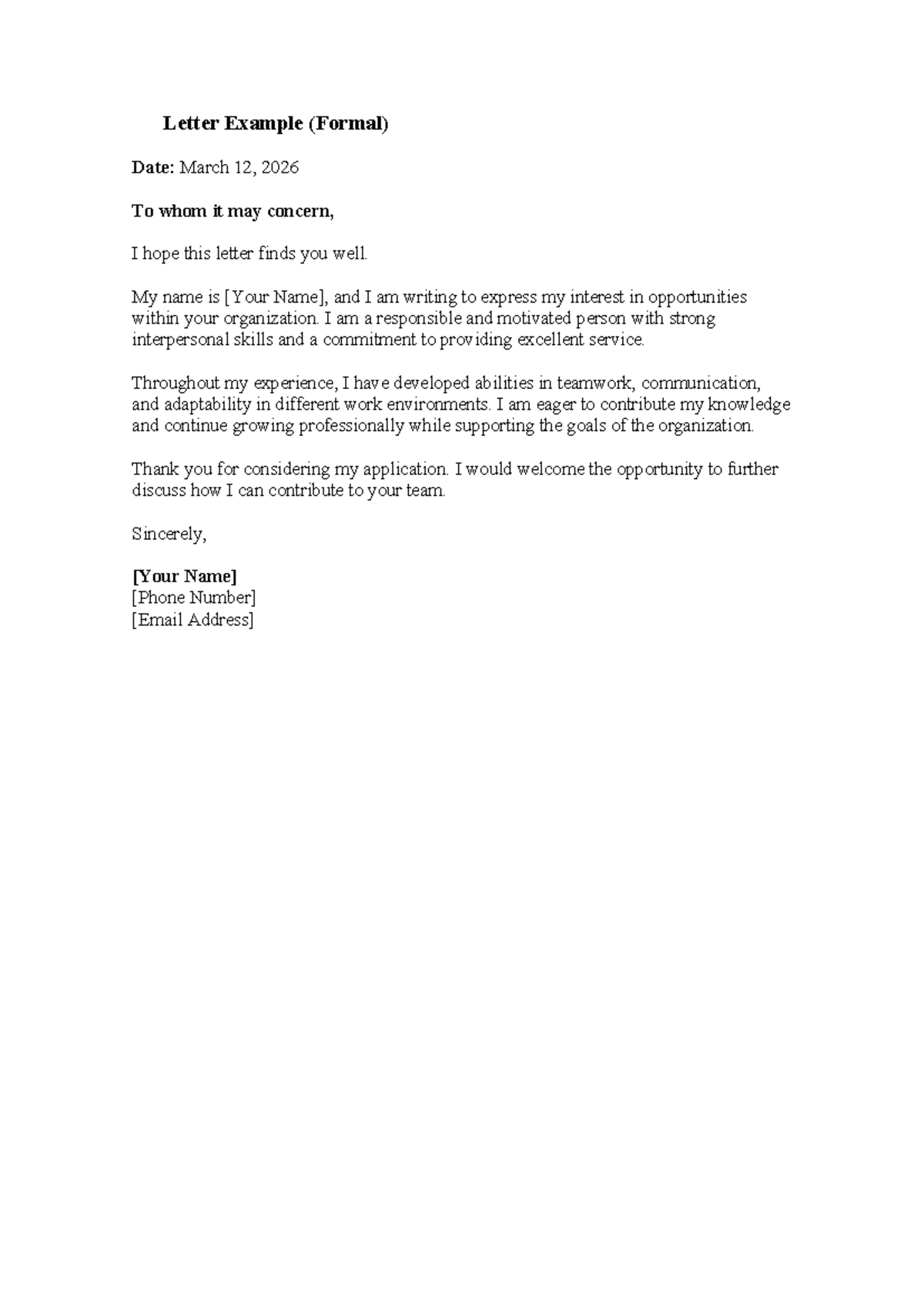 Formal Letter Example for Job Application - Studocu
