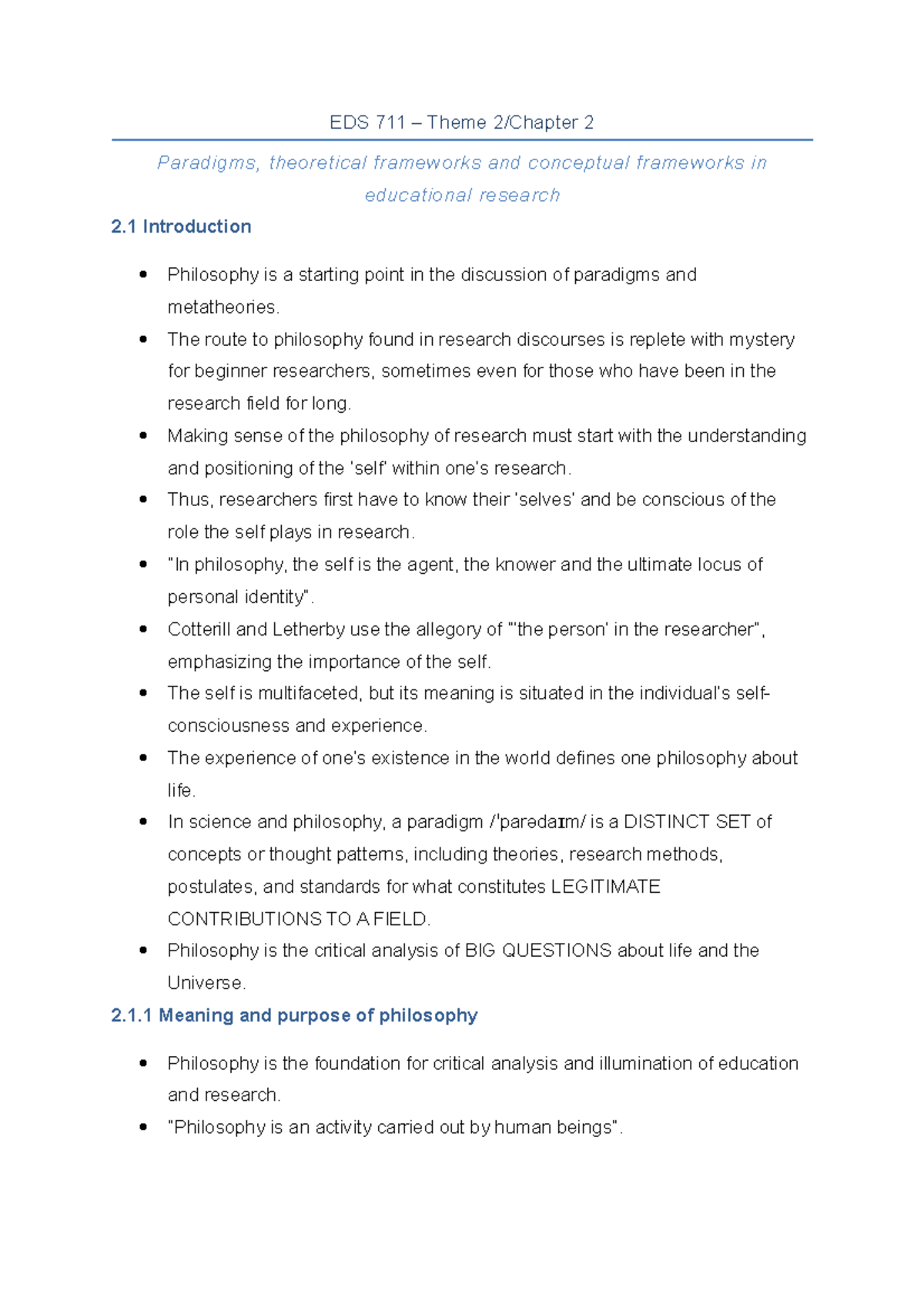 Notes on Ch. 2 - Summary Philosophy in Education and Research - EDS 711 ...