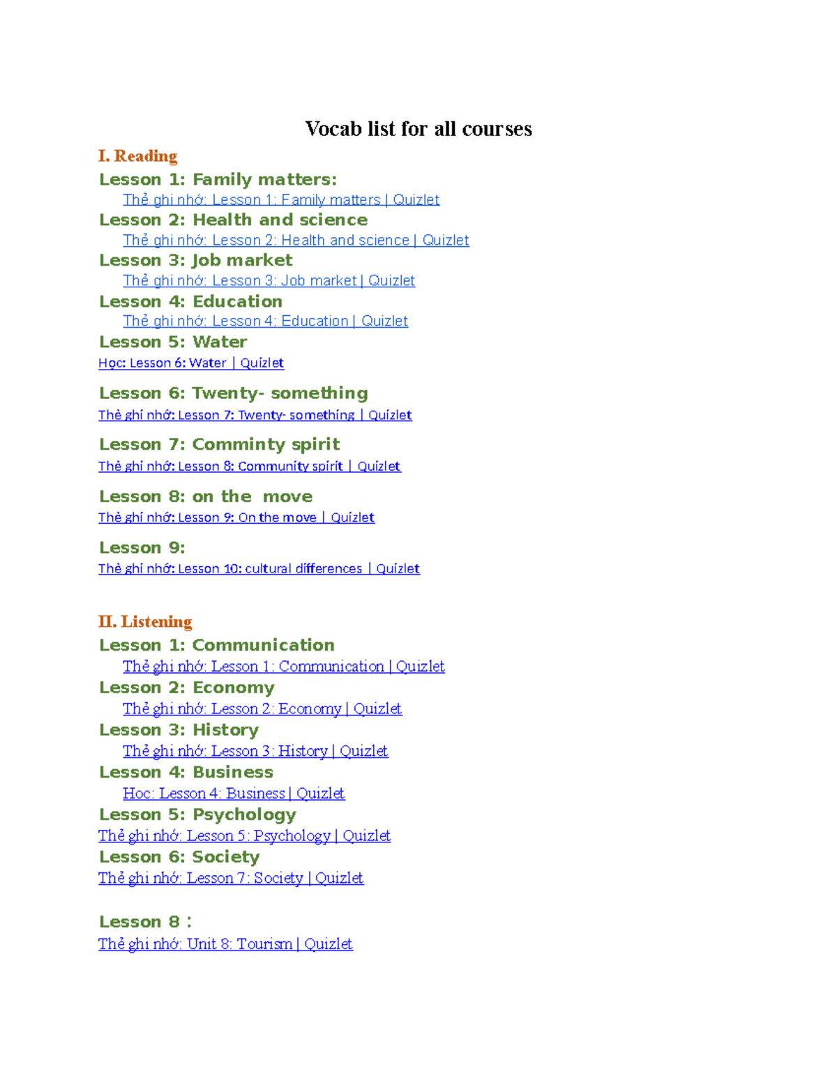 Vocab List for All Courses: Lessons & Topics Overview - Studocu