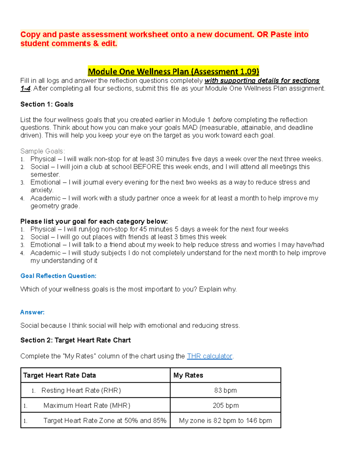 Module 1 Wellness Plan Assessment (Course Code: 1.09) - Studocu
