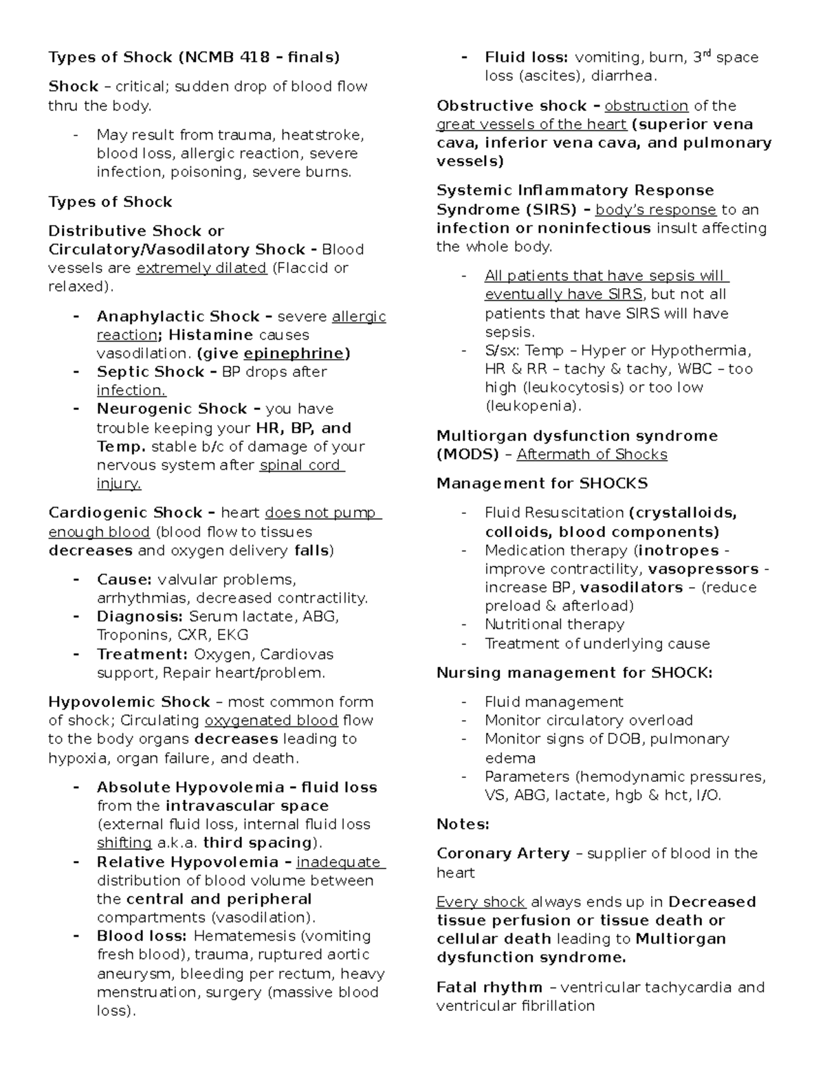 MS reviewer BS nursing - Types of Shock (NCMB 418 – finals) Shock ...