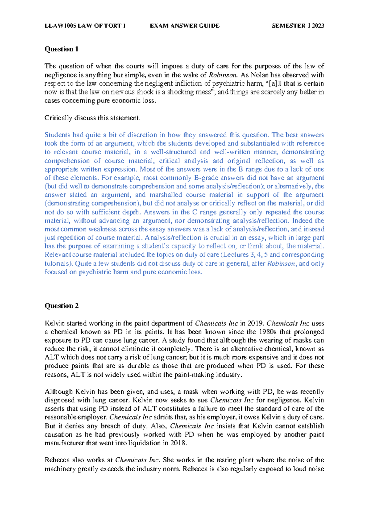 LLAW1005 LAW OF TORT I EXAM ANSWER GUIDE SEMESTER 1 2023 - Studocu