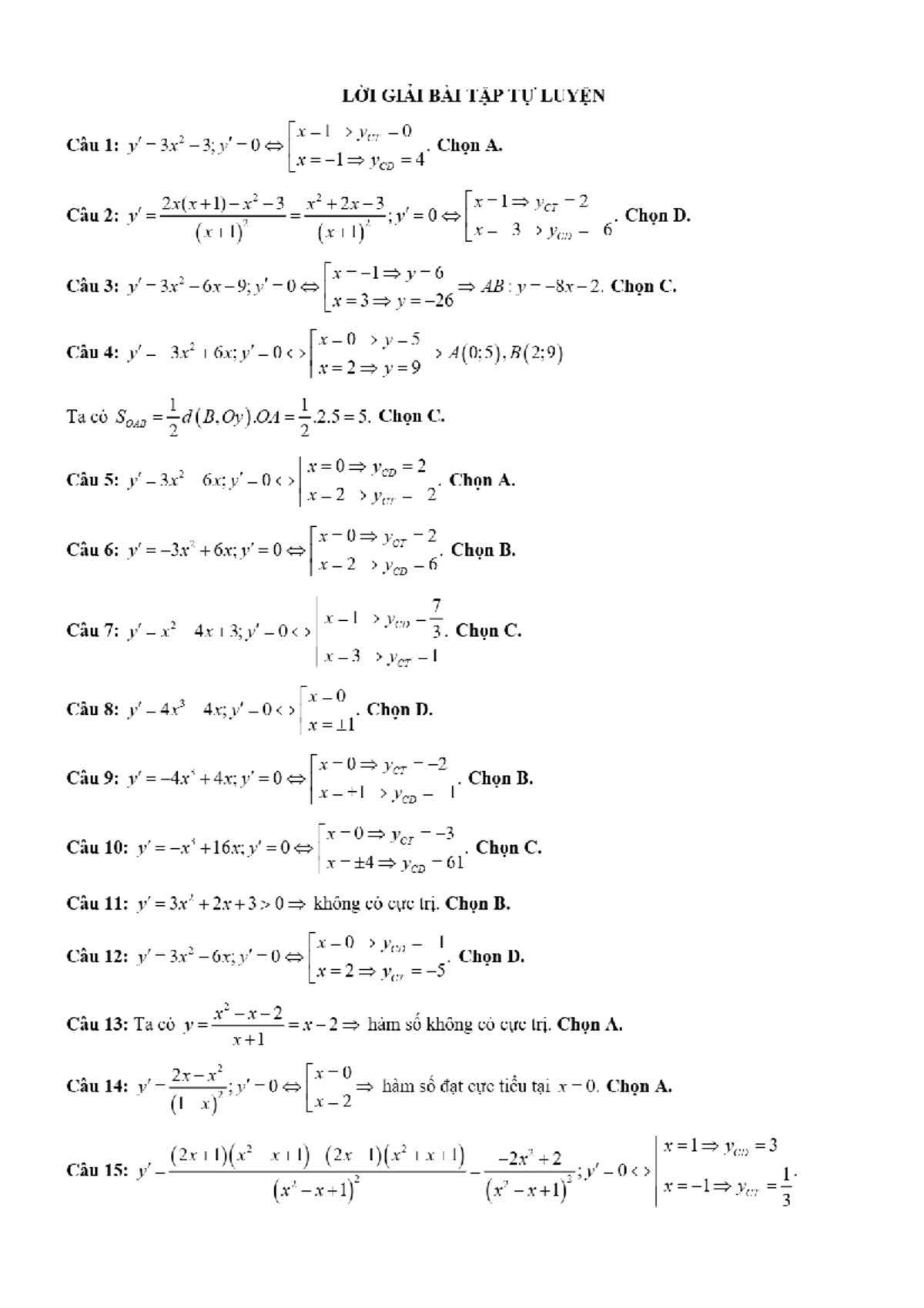 Đáp số chuyên đề trắc nghiệm cực trị của hàm số (MATH 101) - Studocu