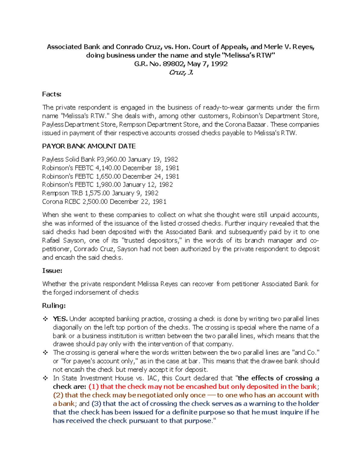 Associated Bank vs. Melissa's RTW: Liability for Forged Checks - Studocu