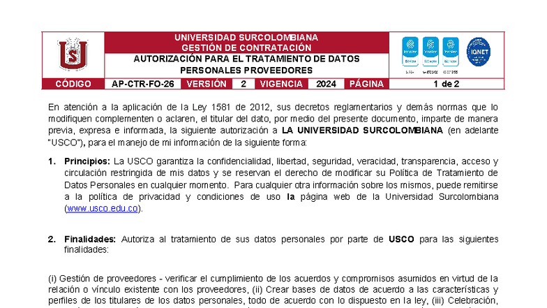 AP-CTR-FO-26 Autorización para el Tratamiento de Datos Personales - Studocu