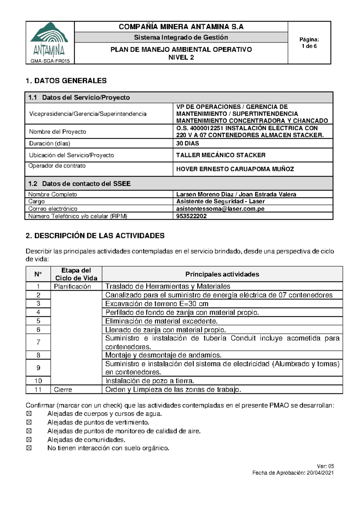 PLAN DE MANEJO AMBIENTAL OPERATIVO NIVEL 2 - O.S. 4000012251 - Document Preview