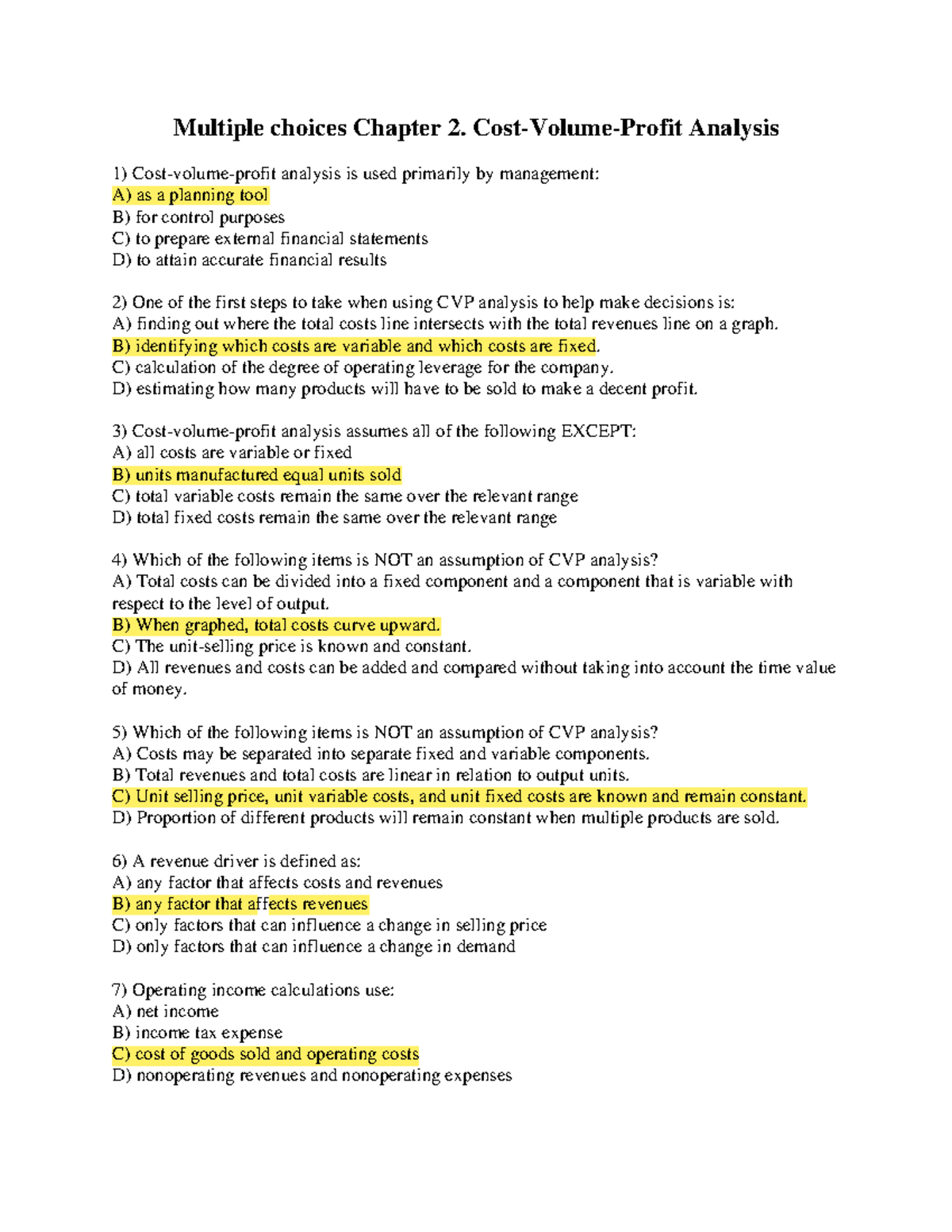 Multiple Choice Questions on C-V-P Analysis - Chapter 2 - Studocu