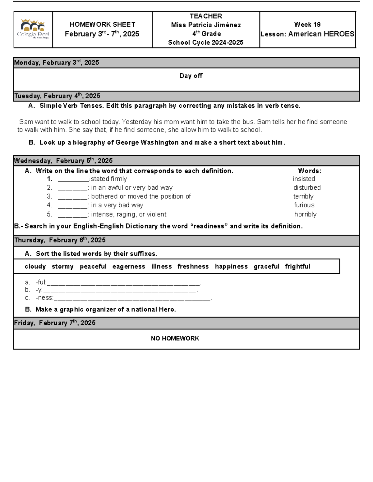WK19 February 3rd- 7th, 2025 WK Homework 4° - HOMEWORK SHEET February ...
