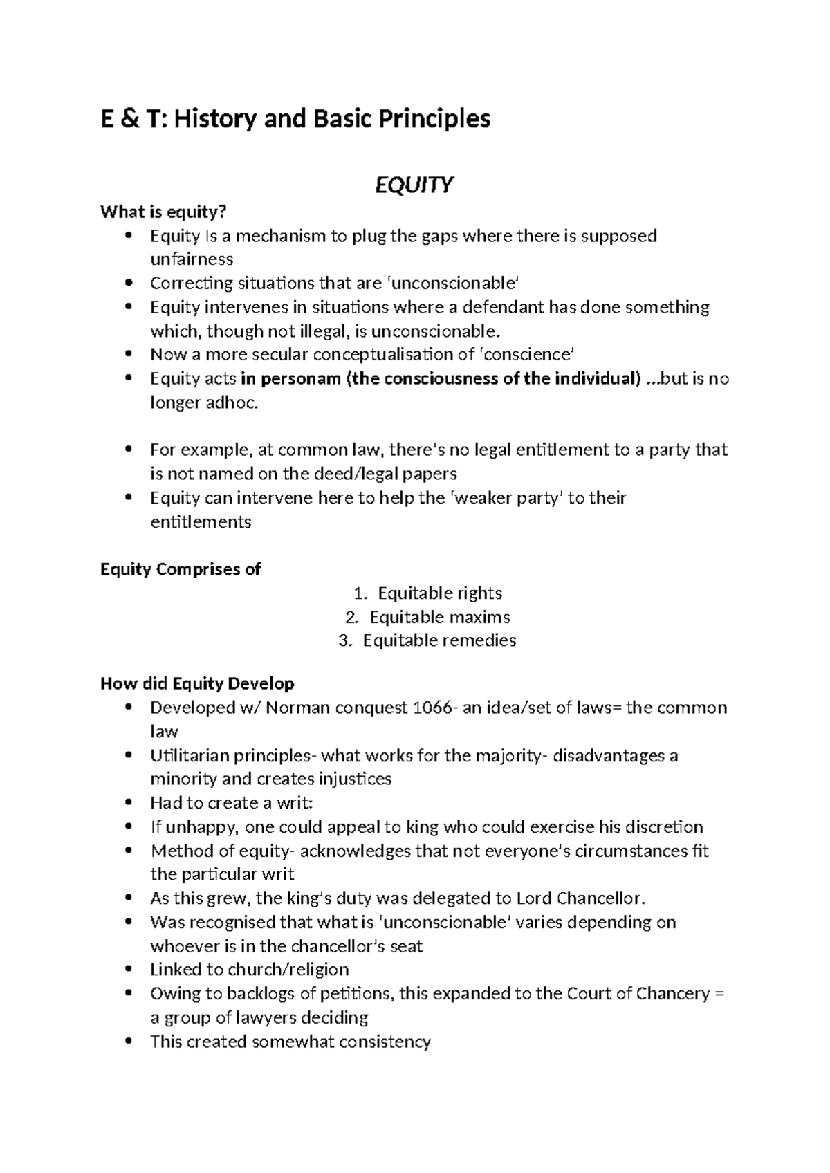 E&T 1.1: History and Principles of Equity and Trusts - Studocu
