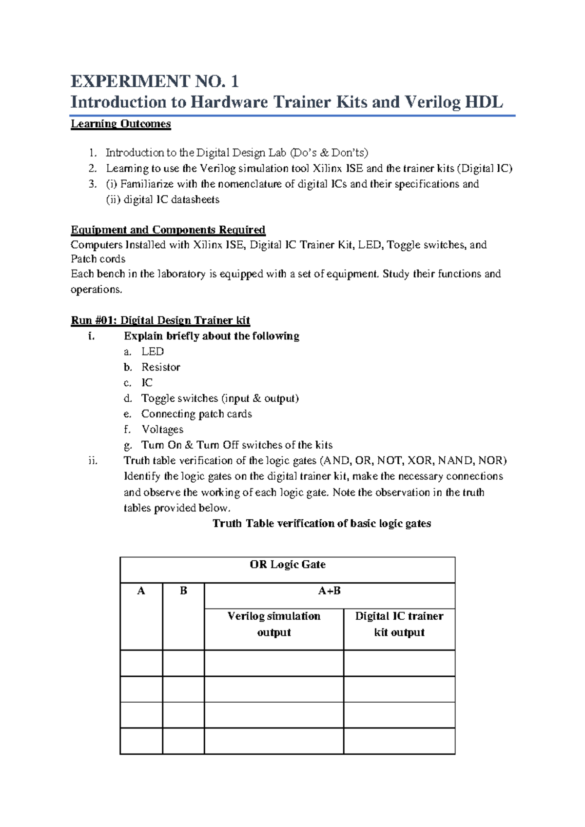 Digital Design Experiment 1 Doc - EXPERIMENT NO. 1 Introduction to ...