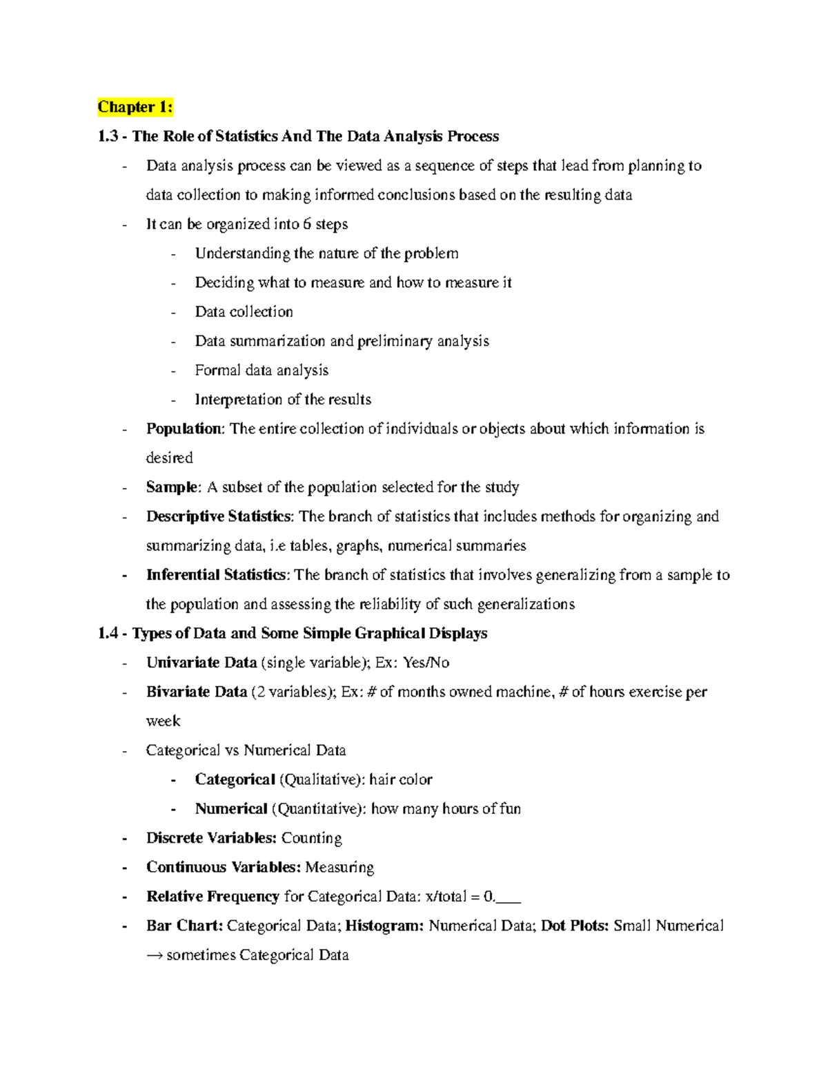 AP Stats (Statistical Concepts & Techniques) Study Guide: Chapters 1-5 ...