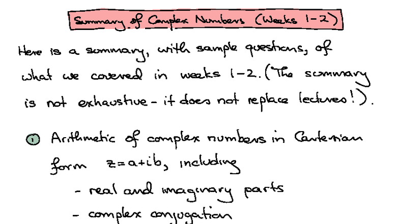 Complex Numbers Summary (MATH 101) - Weeks 1 to 6 - Studocu