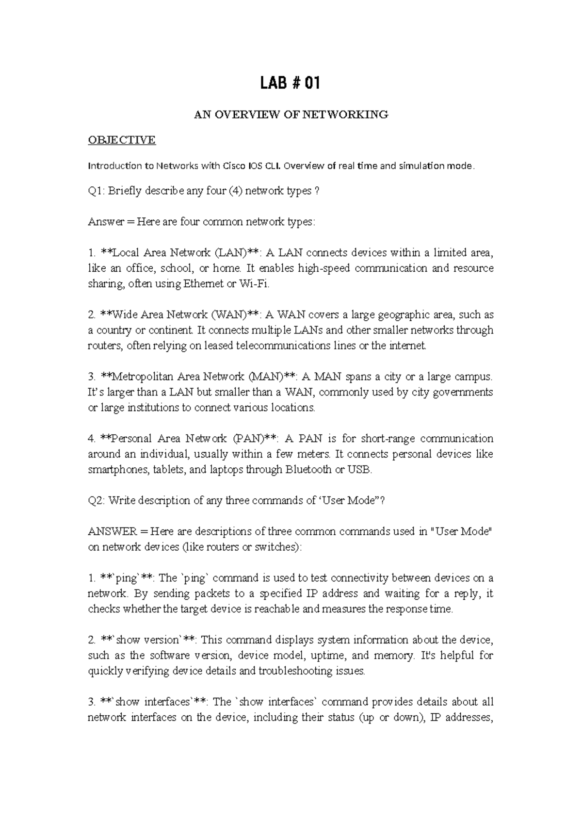 LAB 01: Overview of Networking Concepts and Cisco User Commands - Studocu