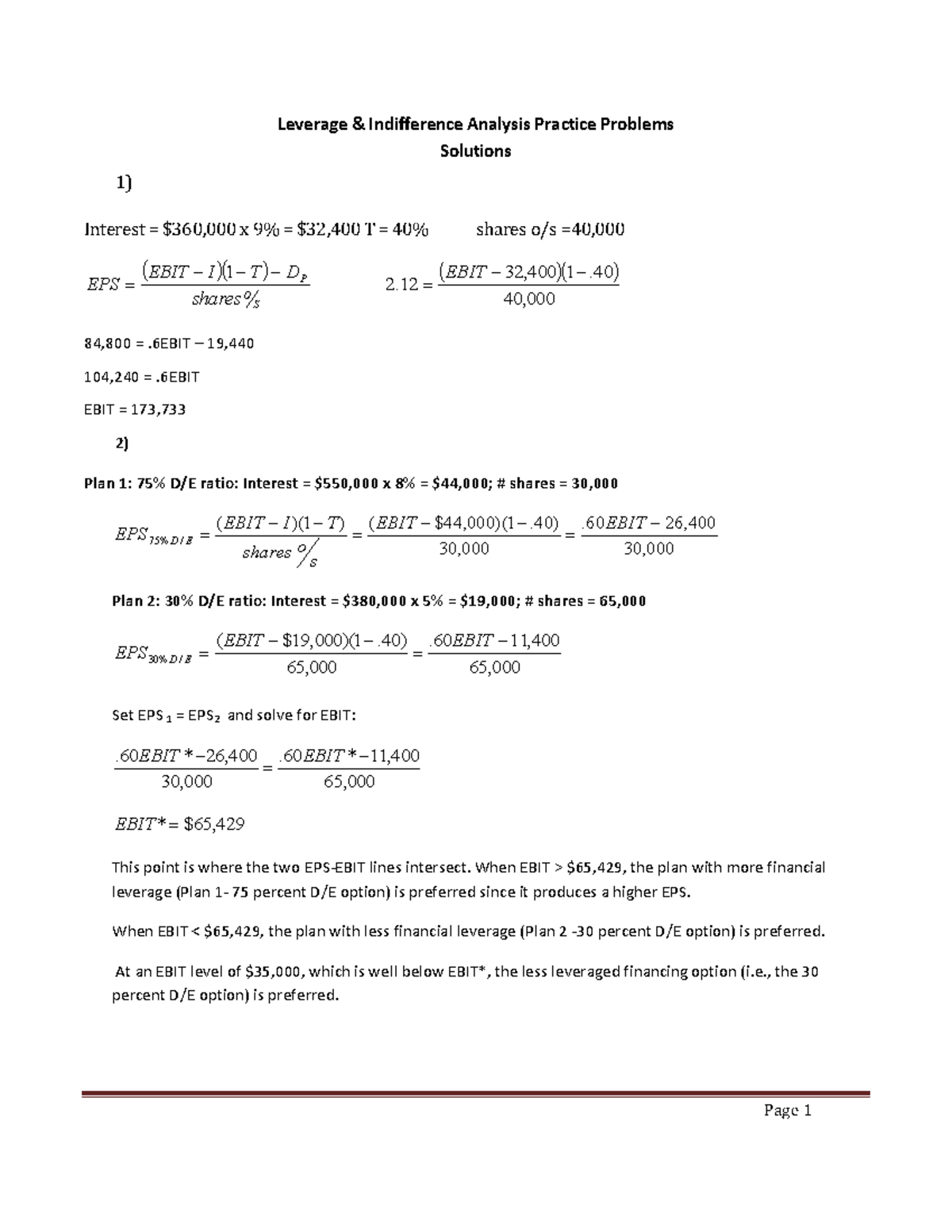Solution Leverage&Indifference Analysis Practice Problems - Leverage ...