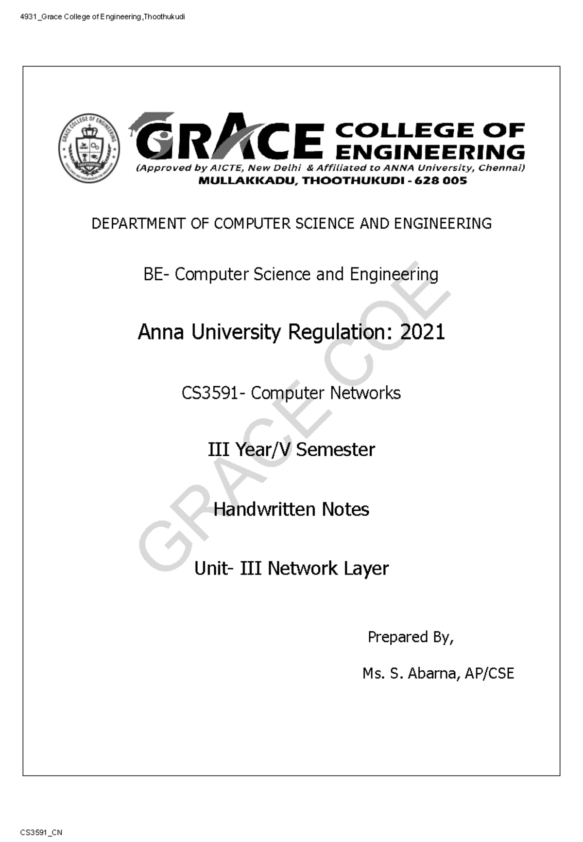 CS3591_CN Unit 3 Handwritten Notes on Computer Networks - Studocu