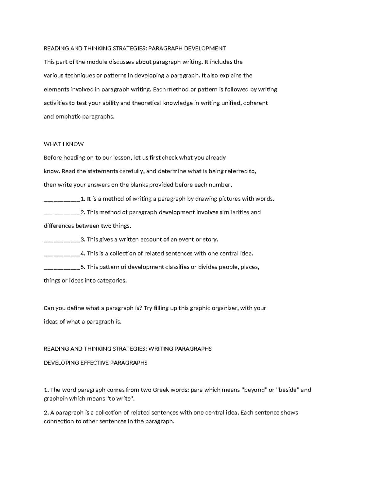 READING AND THINKING STRATEGIES: PARAGRAPH DEVELOPMENT NOTES - Studocu