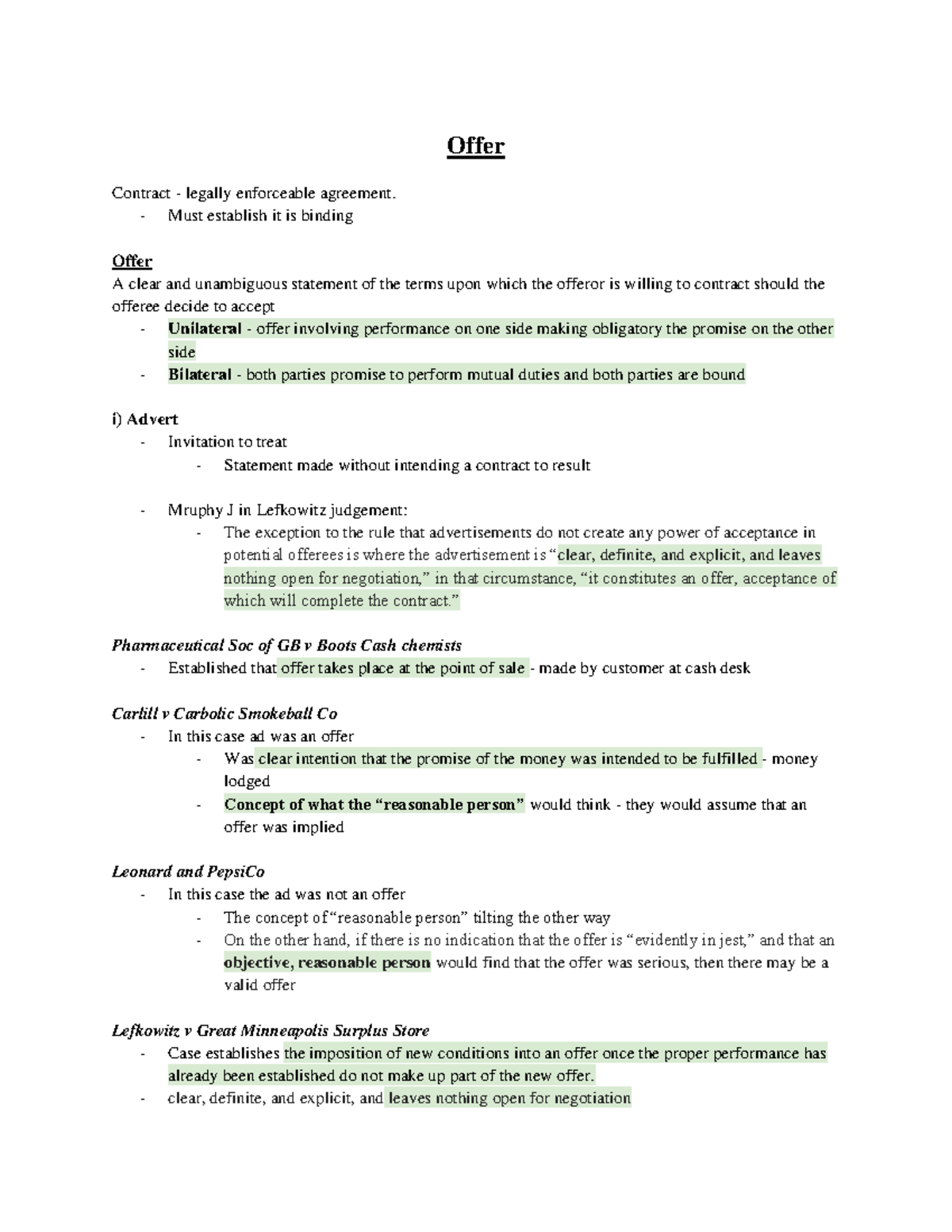 Contract Law Overview: Offers, Acceptance & Case Studies (LAW101) - Studocu