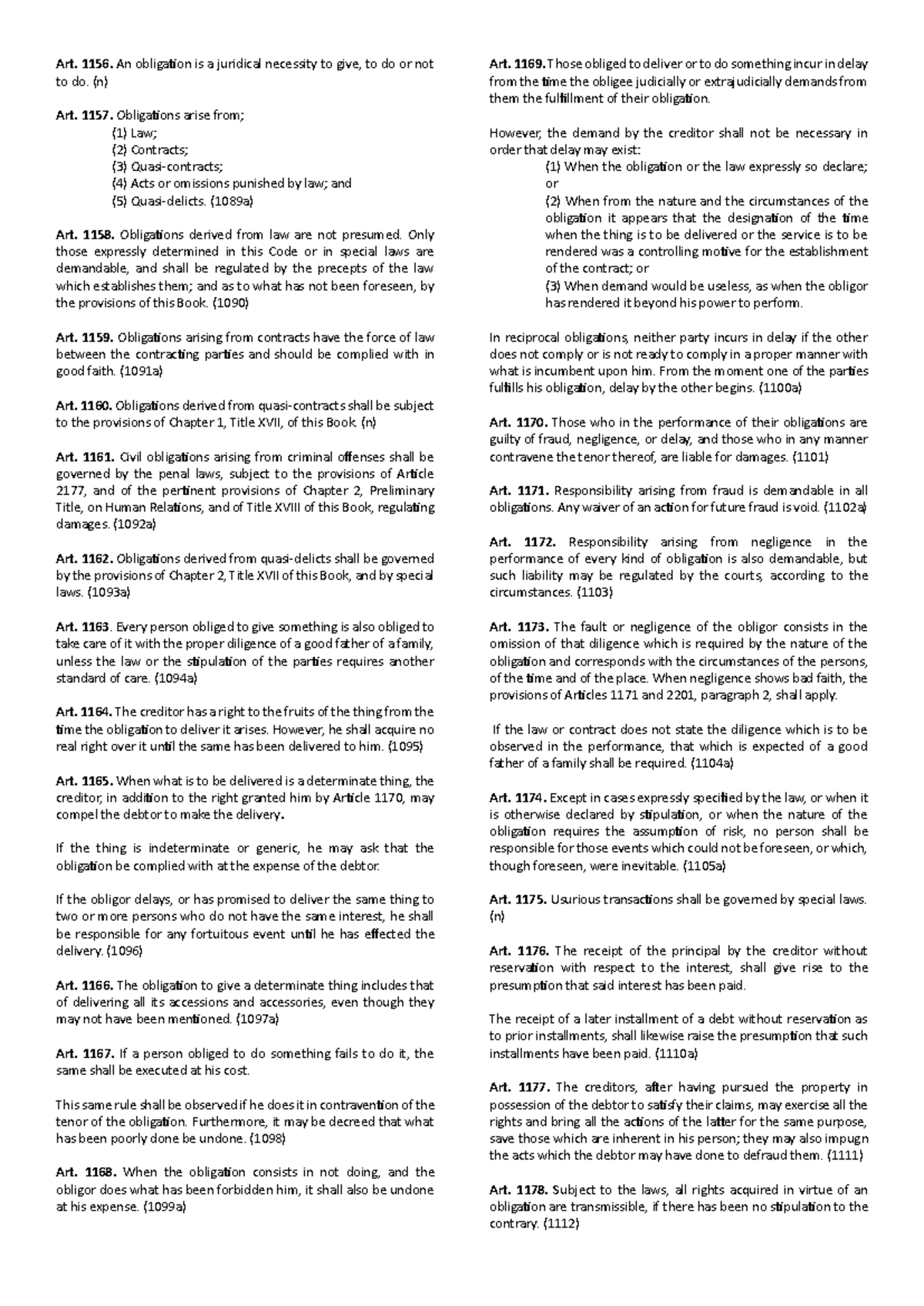 Obligation and Contract: Articles 1156-1304 Overview - Studocu
