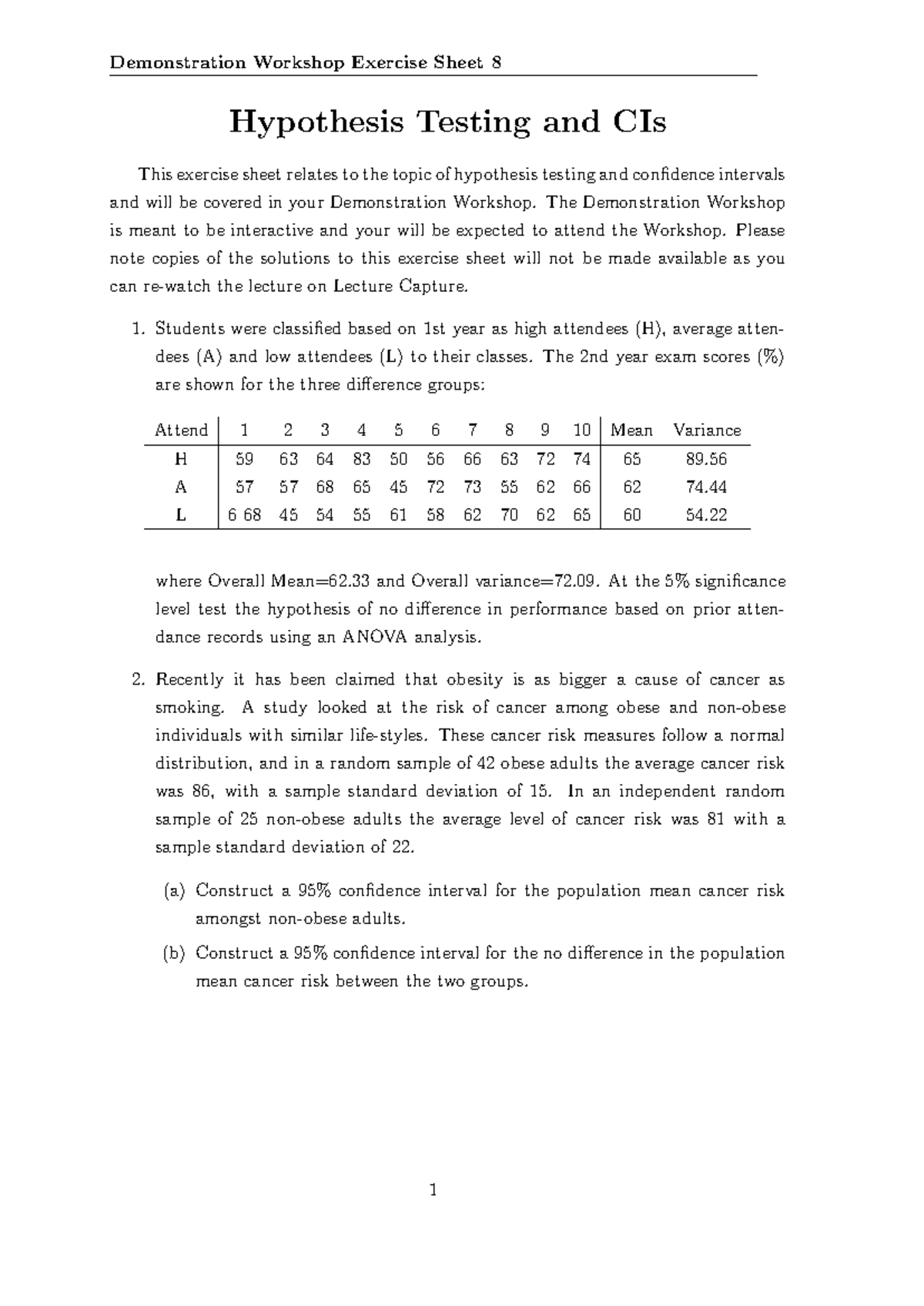 EC124 Demonstration Workshop Exercise Sheet 8: Hypothesis Testing & CIs ...