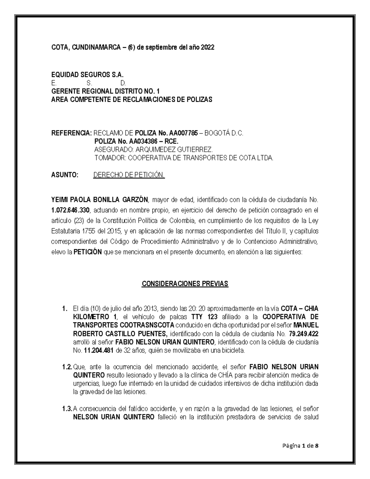 Reclamo de Póliza No. AA007785 - Derecho de Petición - Bogotá D.C. - Document Preview