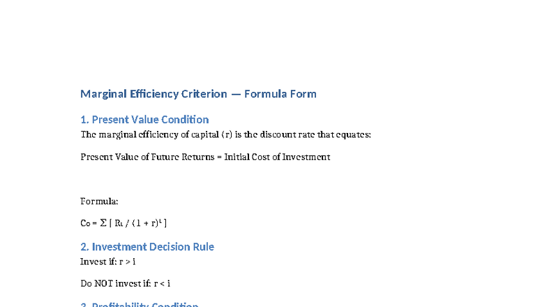 Marginal Efficiency Criterion Notes (MEC 101) - Studocu