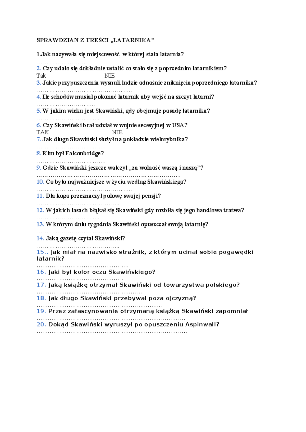 Latarnik Sprawdzian Gimnazjum Pytania I Odpowiedzi