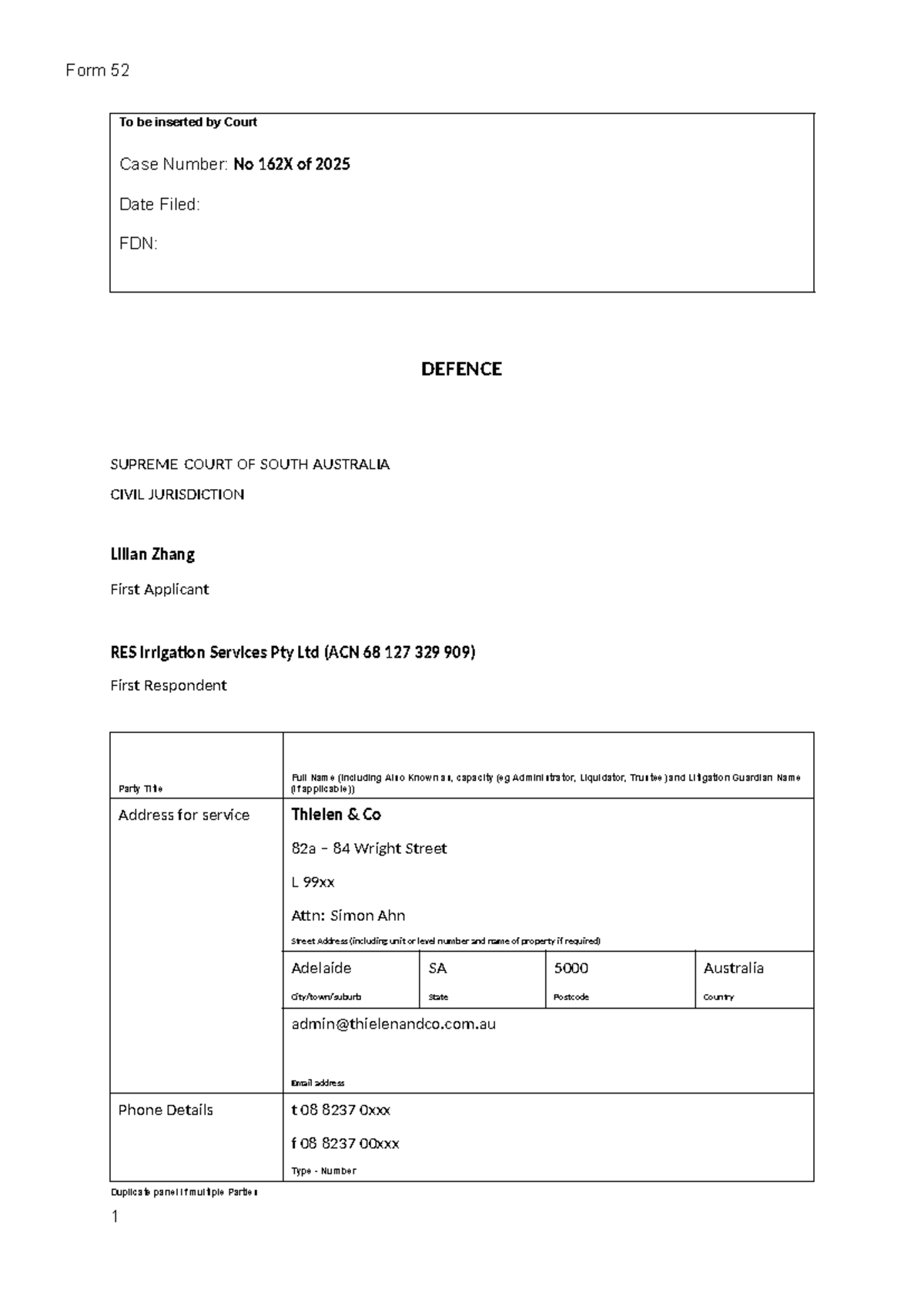 Defence document for case No 162X of 2025: Zhang v RES - Studocu