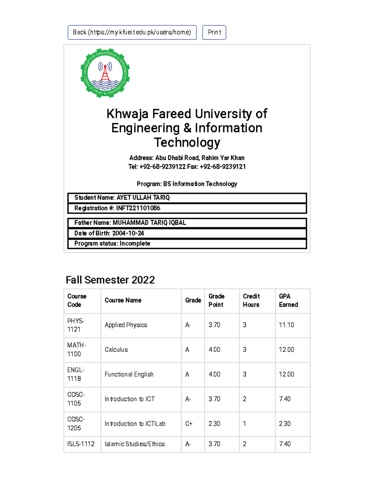 Fall Semester 2022 Transcript - BS Information Technology - Studocu