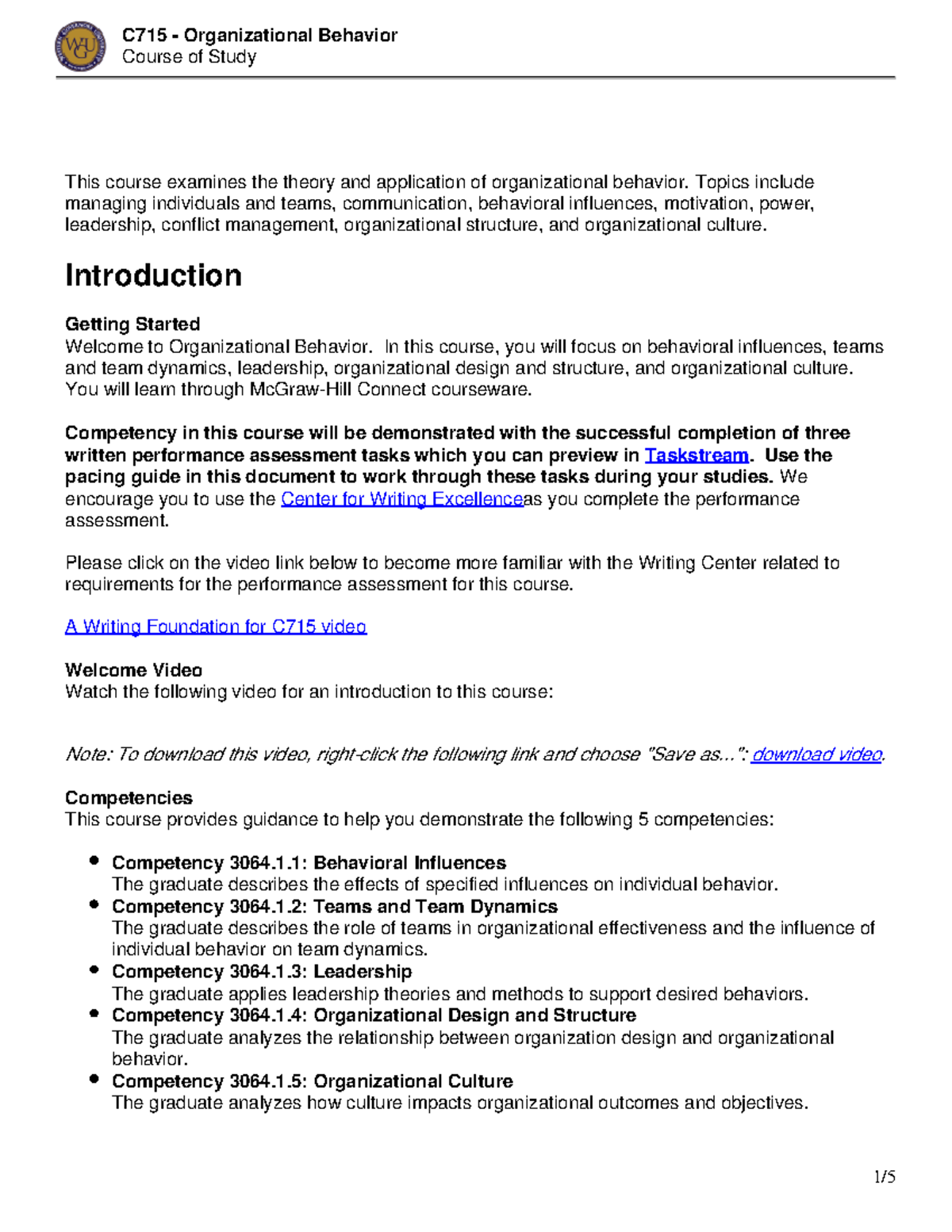 C715 Course of Study: Organizational Behavior Overview & Pacing Guide ...
