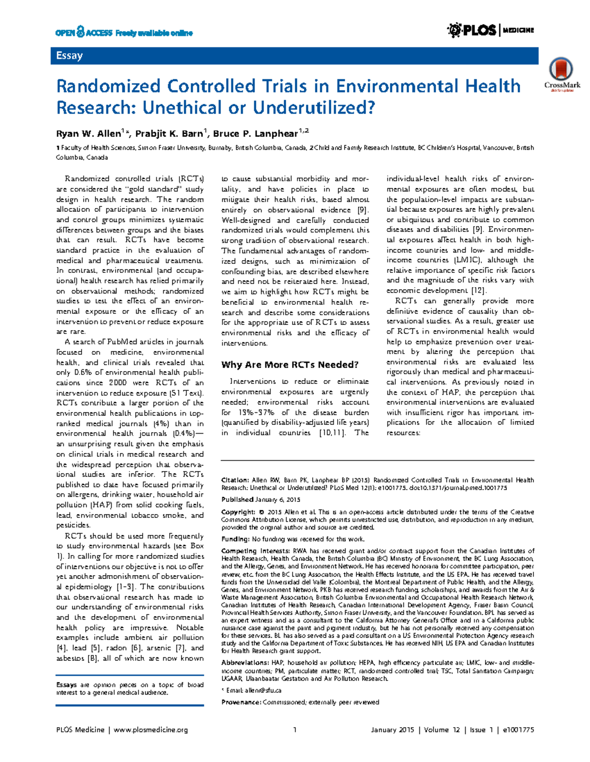 ECA 2015: RCTs in Environmental Health Research - Unethical or ...