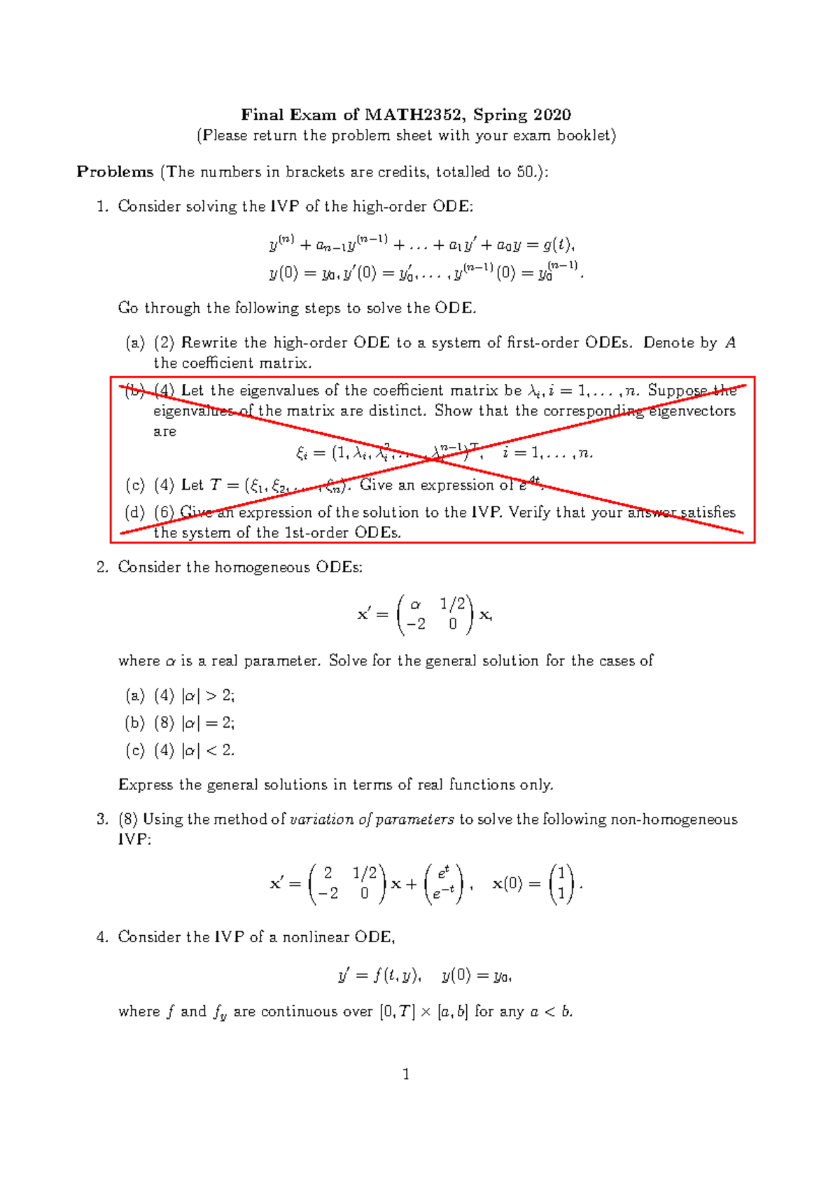 ODE Final Exam - MATH 2352 Sample Problems from Spring 2020 - Studocu