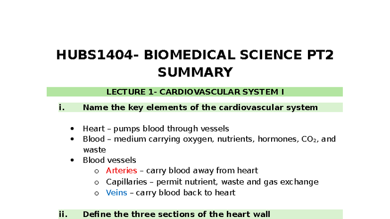 HUBS1104 Biomedical Science II Summary: Cardiovascular System Insights ...