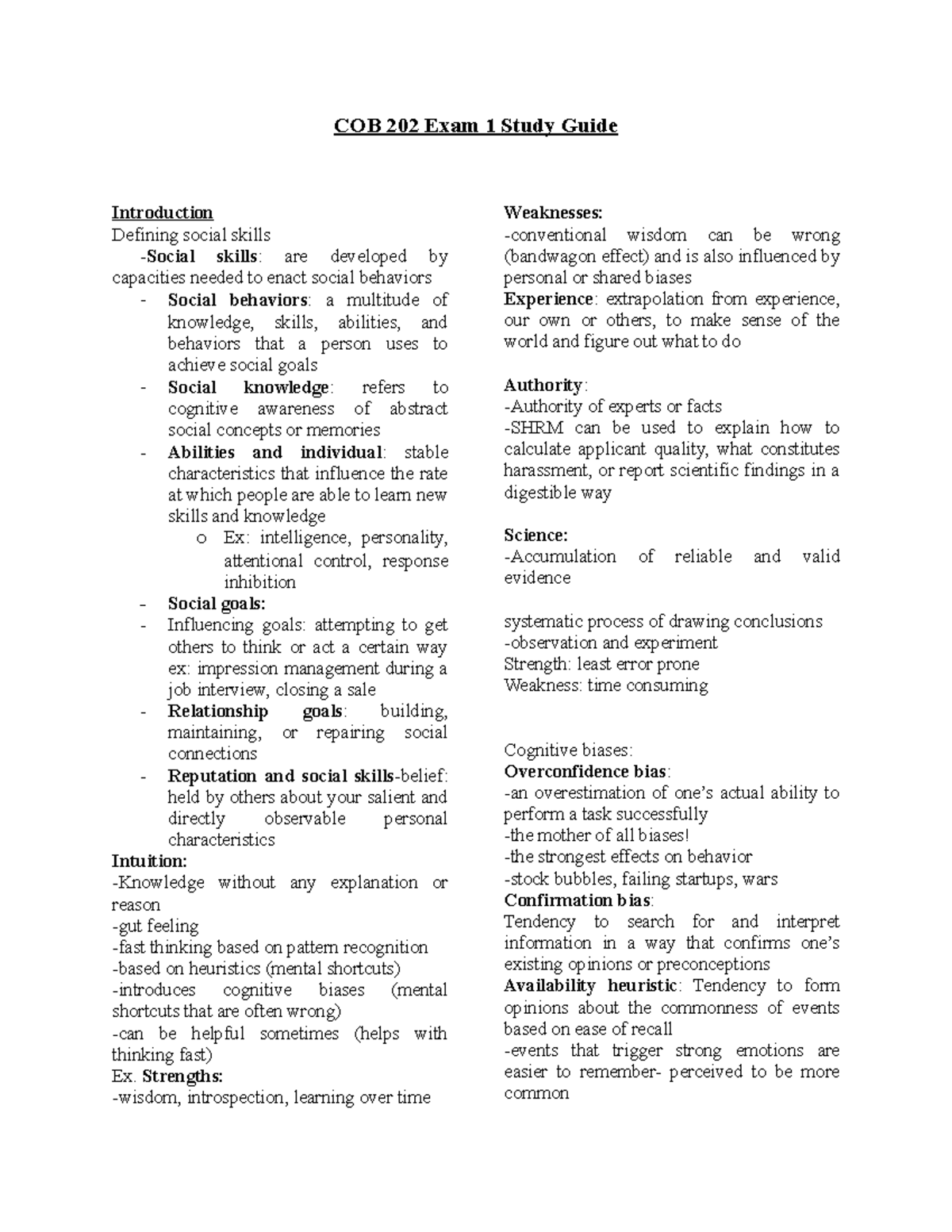 COB 202 Exam 1 Study Guide: Social Skills, Cognitive Biases ...