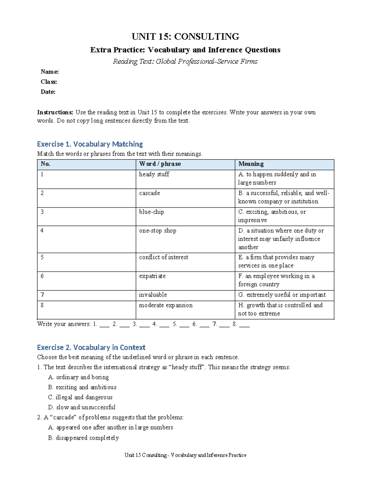 Unit 15: Consulting Vocabulary & Inference Questions Practice - Studocu