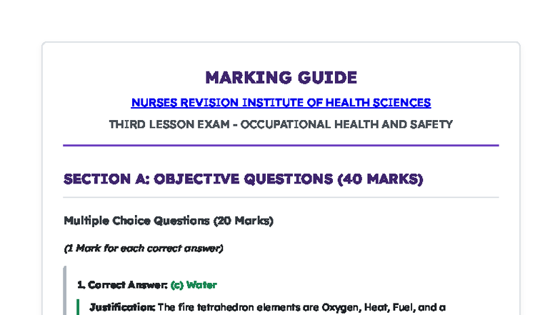 Marking Guide for OHS Third Lesson Exam - Nurses Revision Institute ...